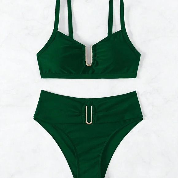 Dark Green Women's U-Shaped Ring Design Sexy Bikini Set - Picture 6 of 8